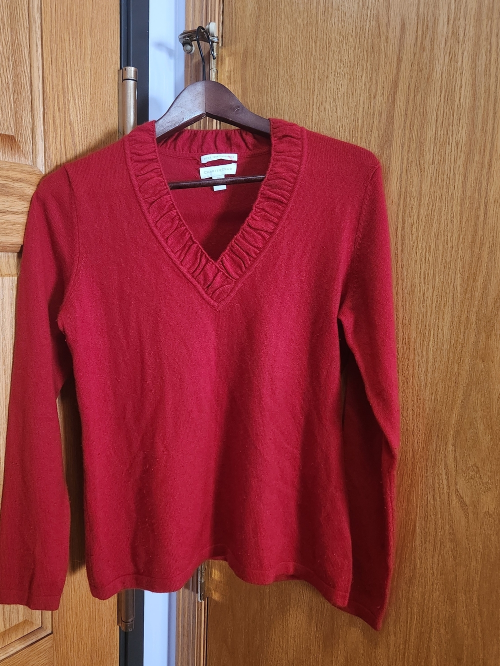 Charter Club Red V-Neck Sweater with Ruffle Trim Cashmere